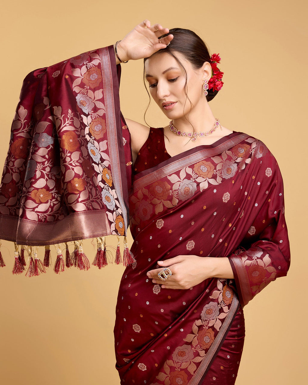 Vedant Vastram Soft Litchi Silk Banarasi Silk Saree - Maroon - Distacart