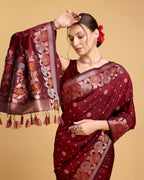 Vedant Vastram Soft Litchi Silk Banarasi Silk Saree - Maroon - Distacart