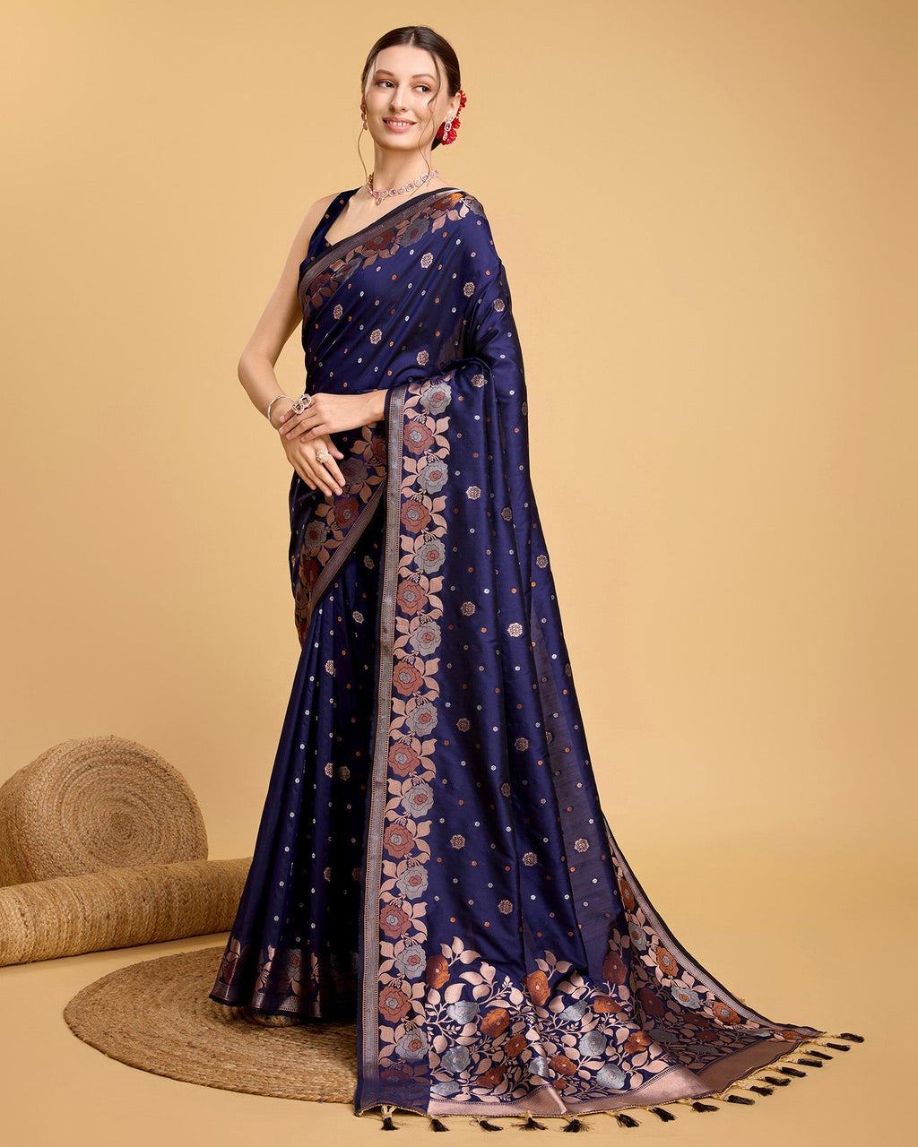 Vedant Vastram Soft Litchi Silk Banarasi Silk Saree - Navy - Distacart