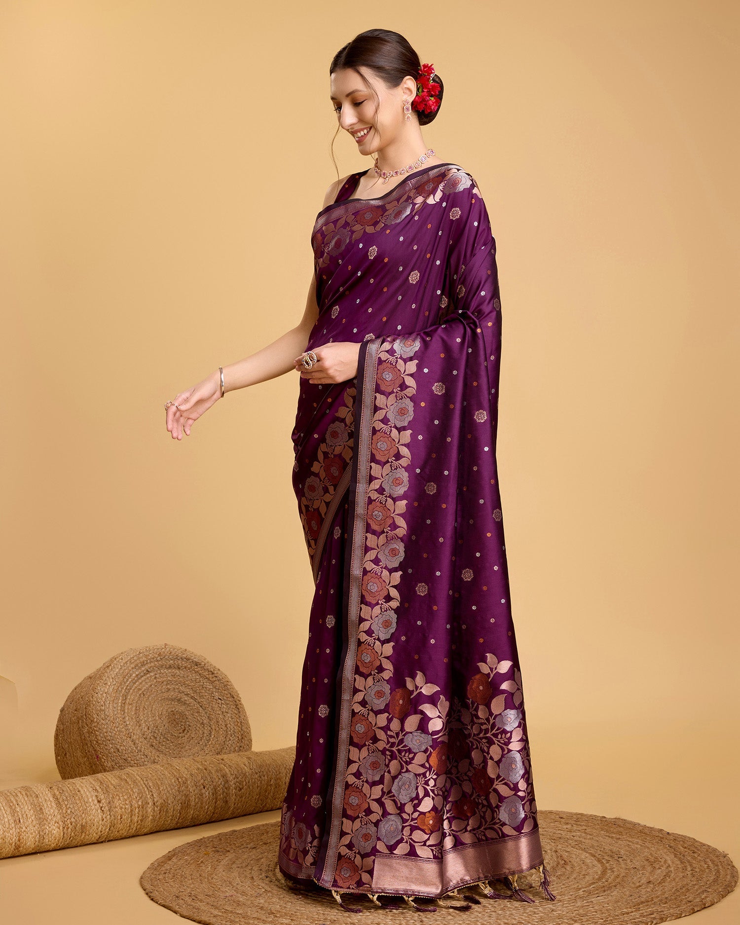 Vedant Vastram Soft Litchi Silk Banarasi Silk Saree - Wine - Distacart