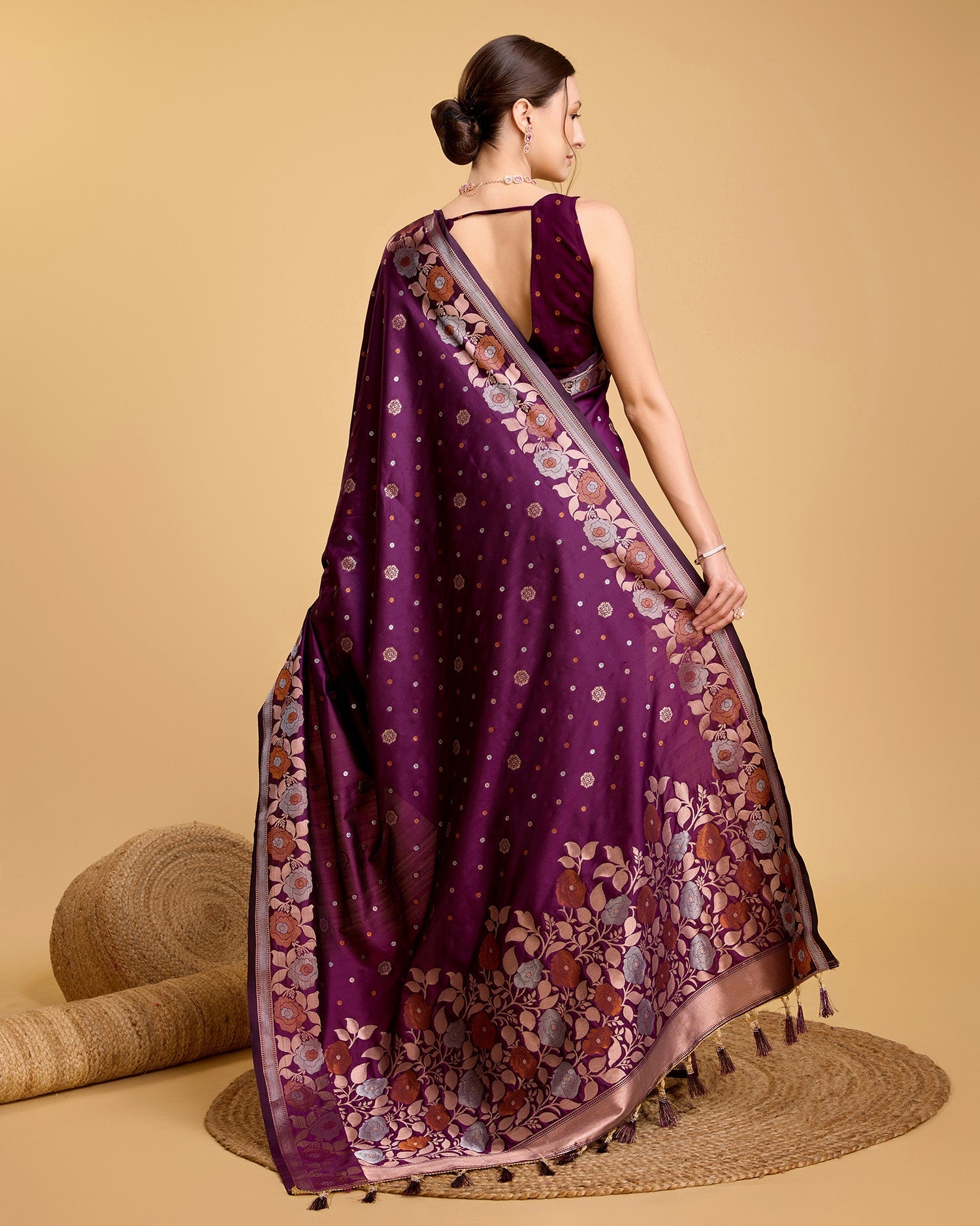 Vedant Vastram Soft Litchi Silk Banarasi Silk Saree - Wine - Distacart