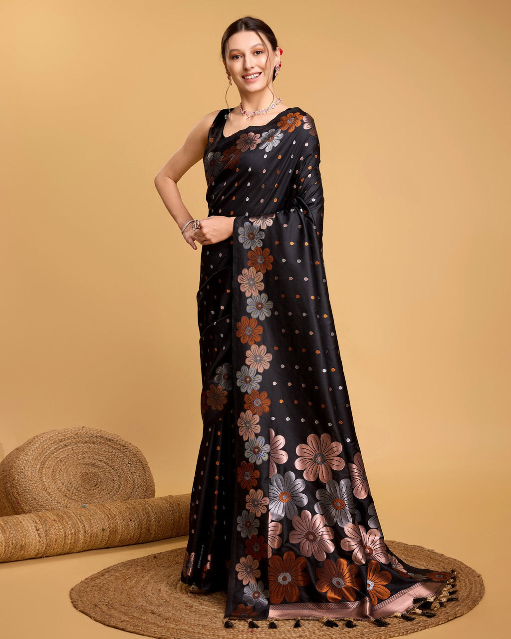Vedant Vastram Soft Litchi Silk Banarasi Silk Saree - Black - Distacart