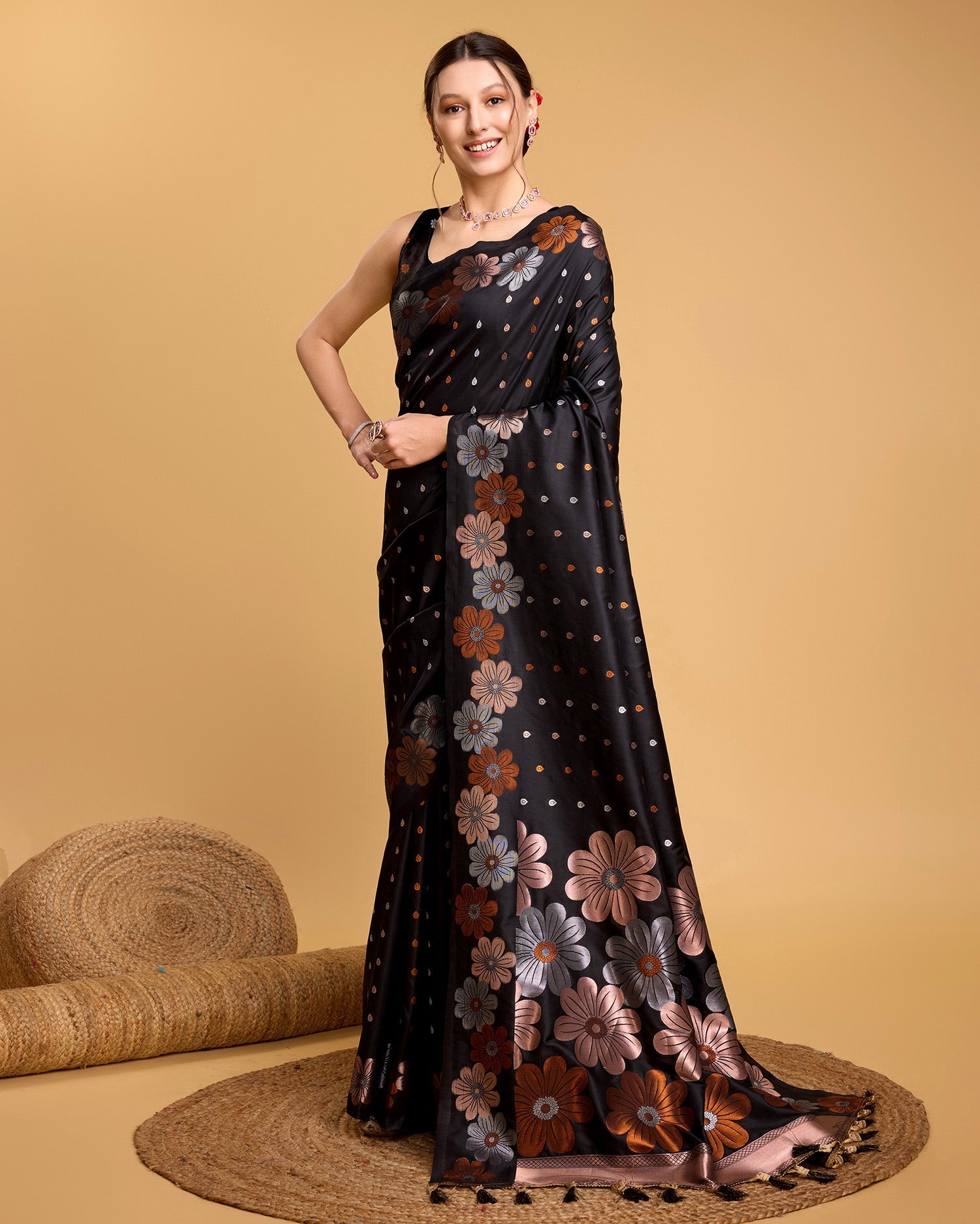 Vedant Vastram Soft Litchi Silk Banarasi Silk Saree - Black - Distacart