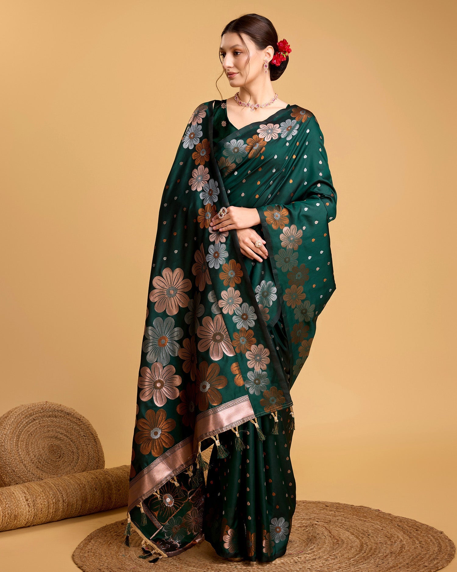Vedant Vastram Soft Litchi Silk Banarasi Silk Saree - Green - Distacart