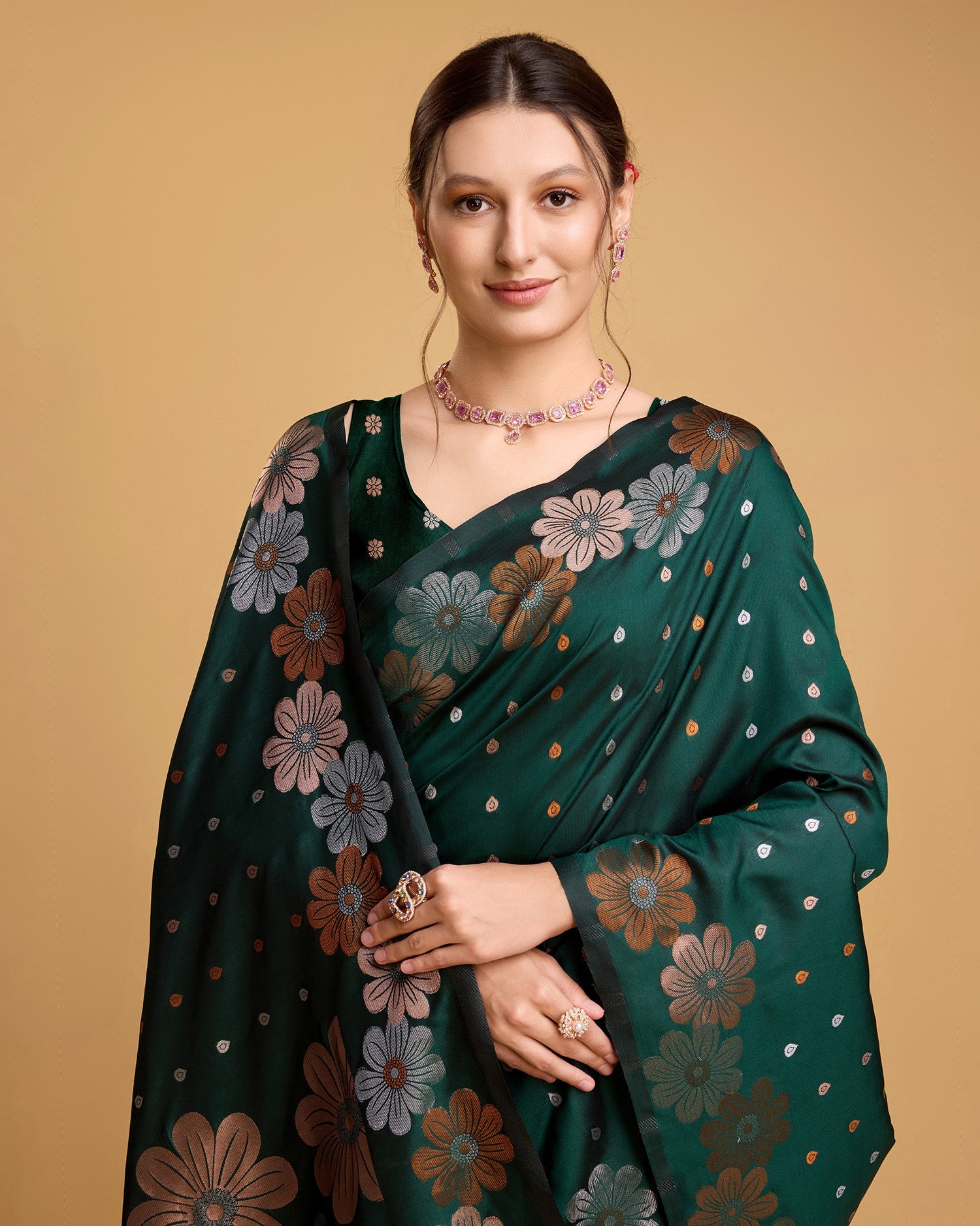 Vedant Vastram Soft Litchi Silk Banarasi Silk Saree - Green - Distacart