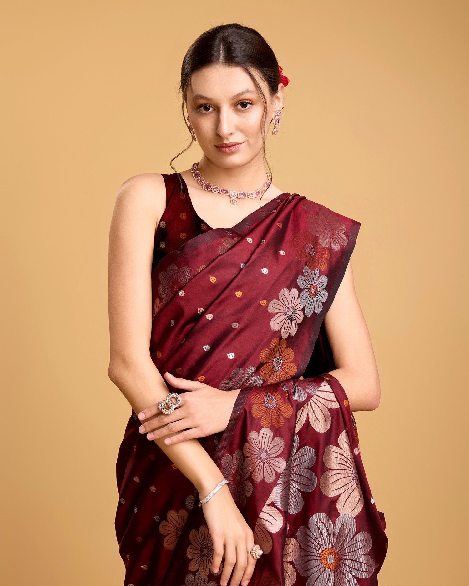 Vedant Vastram Soft Litchi Silk Banarasi Silk Saree - Maroon - Distacart
