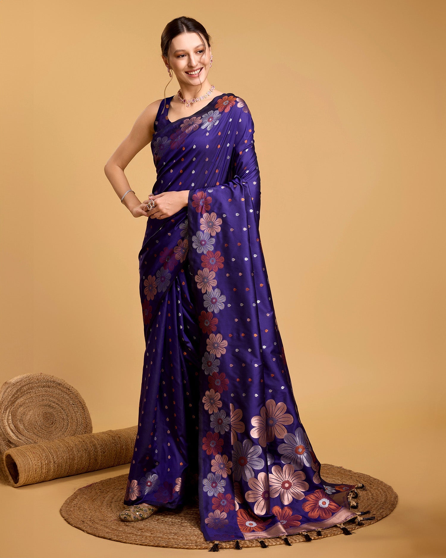 Vedant Vastram Soft Litchi Silk Banarasi Silk Saree - Violet - Distacart