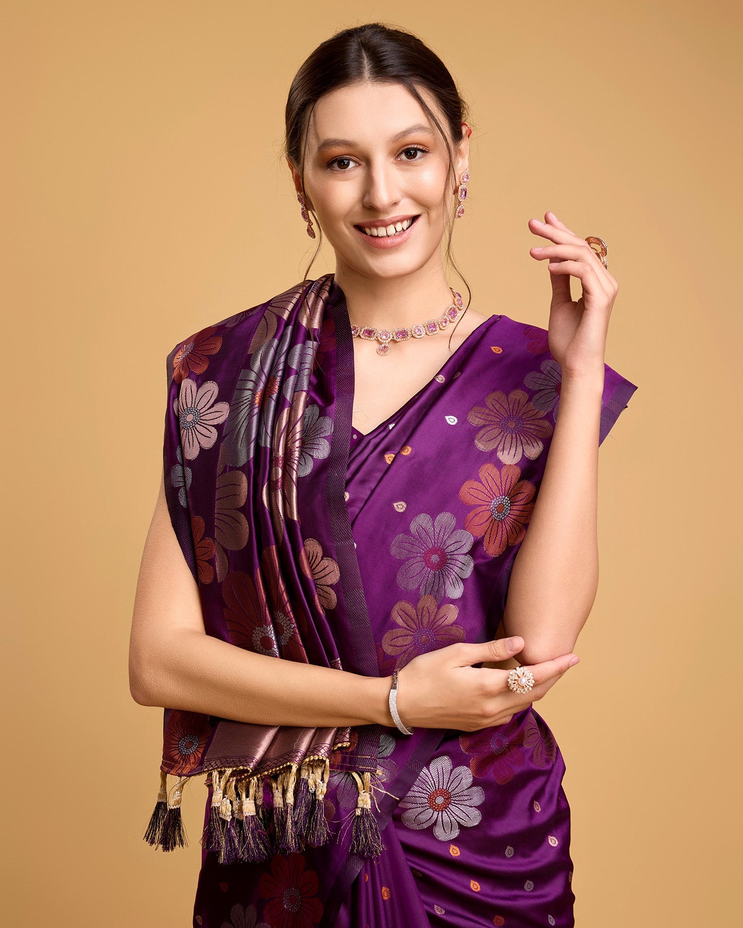 Vedant Vastram Soft Litchi Silk Banarasi Silk Saree - Wine - Distacart