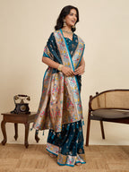 Vedant Vastram Soft Litchi Silk Paithani Jacquard Saree - Firozi