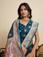 Vedant Vastram Soft Litchi Silk Paithani Jacquard Saree - Firozi