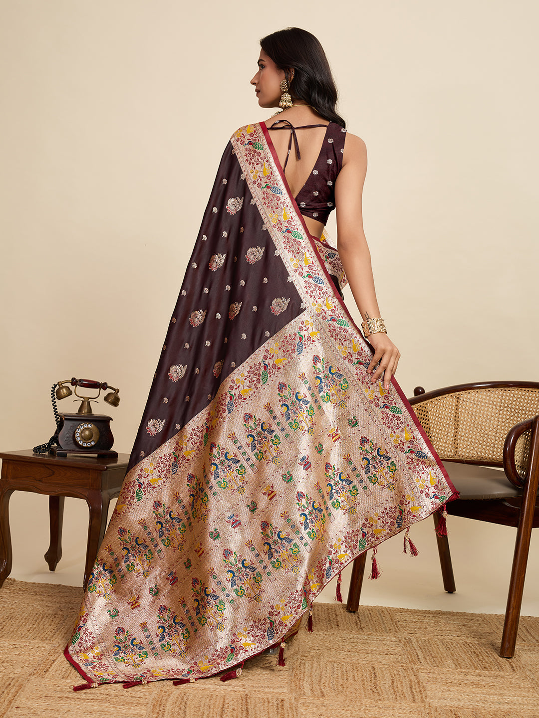 Vedant Vastram Soft Litchi Silk Paithani Jacquard Saree - Maroon