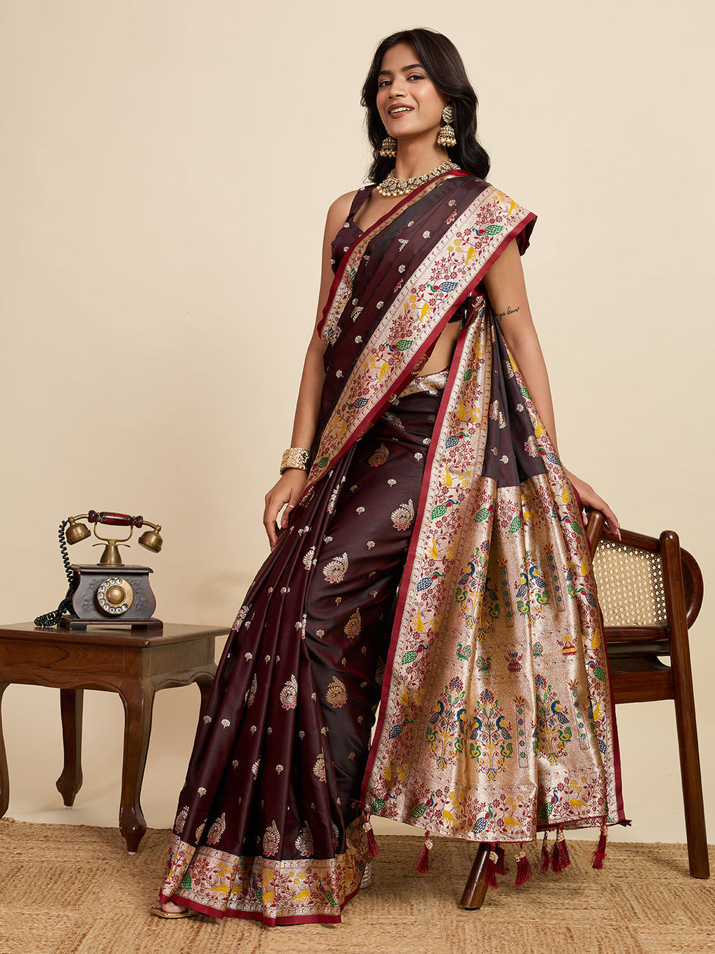 Vedant Vastram Soft Litchi Silk Paithani Jacquard Saree - Maroon
