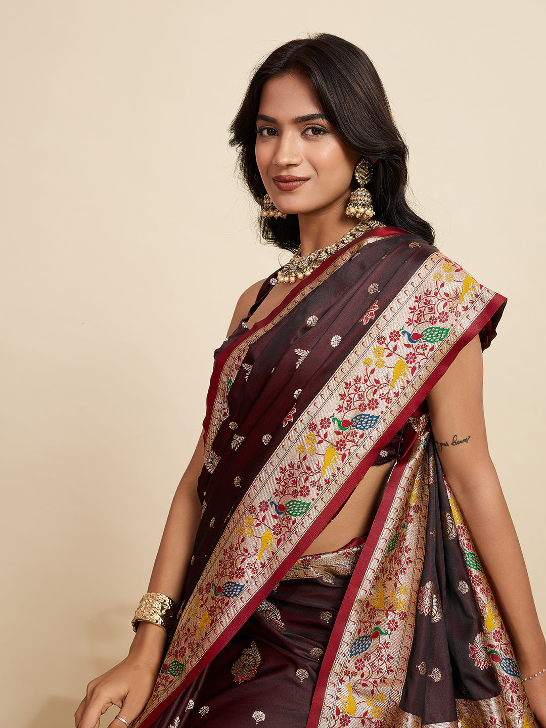 Vedant Vastram Soft Litchi Silk Paithani Jacquard Saree - Maroon