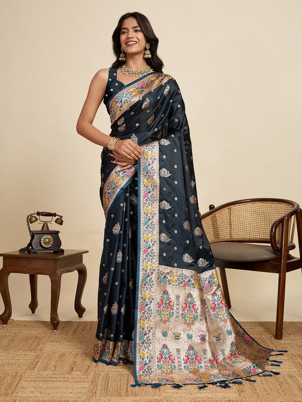 Vedant Vastram Soft Litchi Silk Paithani Jacquard Saree - Navy Blue