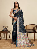 Vedant Vastram Soft Litchi Silk Paithani Jacquard Saree - Navy Blue