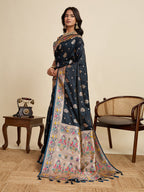Vedant Vastram Soft Litchi Silk Paithani Jacquard Saree - Navy Blue