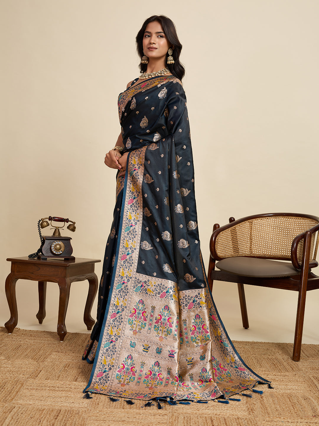 Vedant Vastram Soft Litchi Silk Paithani Jacquard Saree - Navy Blue