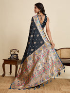 Vedant Vastram Soft Litchi Silk Paithani Jacquard Saree - Navy Blue