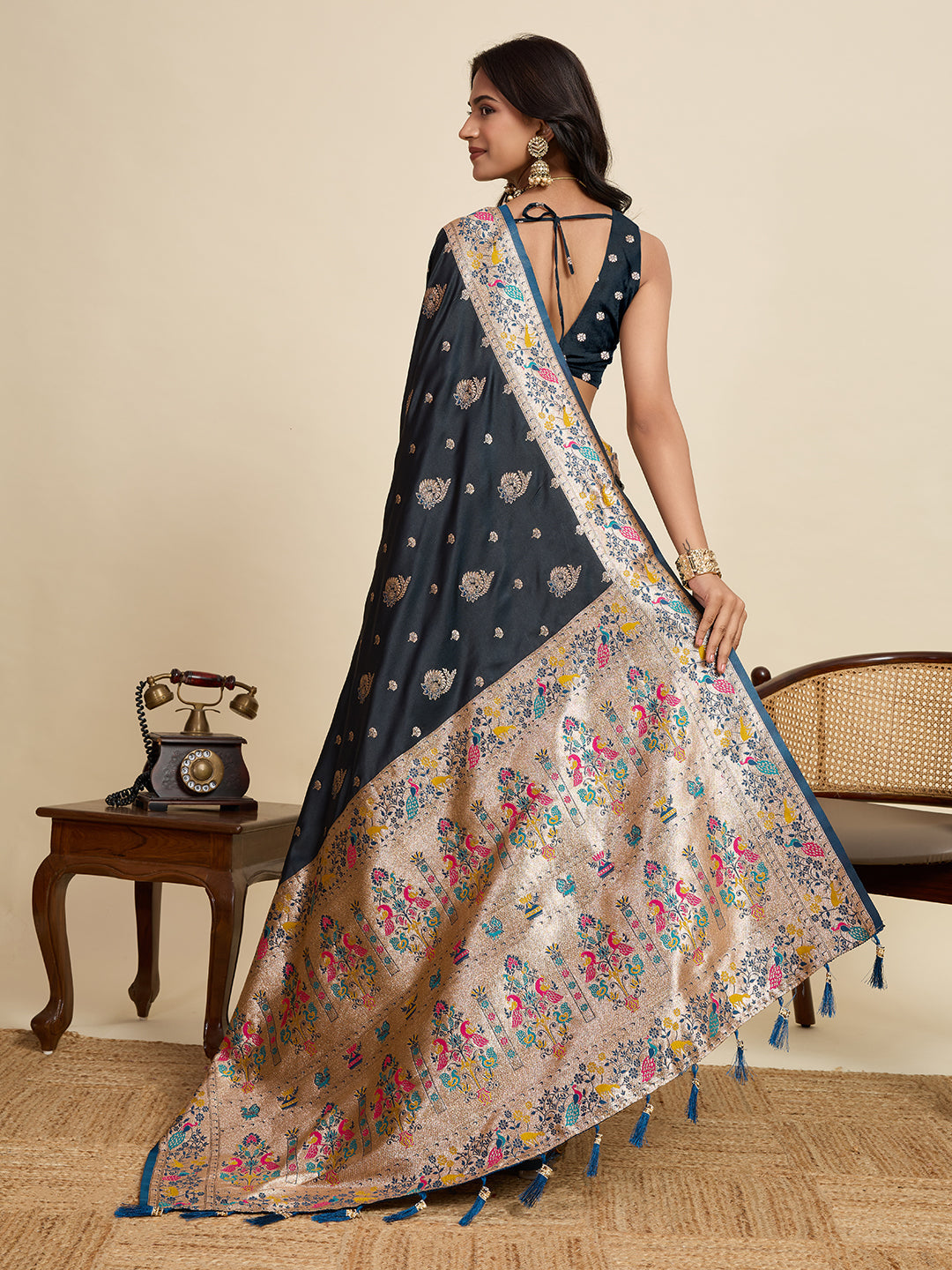 Vedant Vastram Soft Litchi Silk Paithani Jacquard Saree - Navy Blue