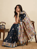 Vedant Vastram Soft Litchi Silk Paithani Jacquard Saree - Navy Blue