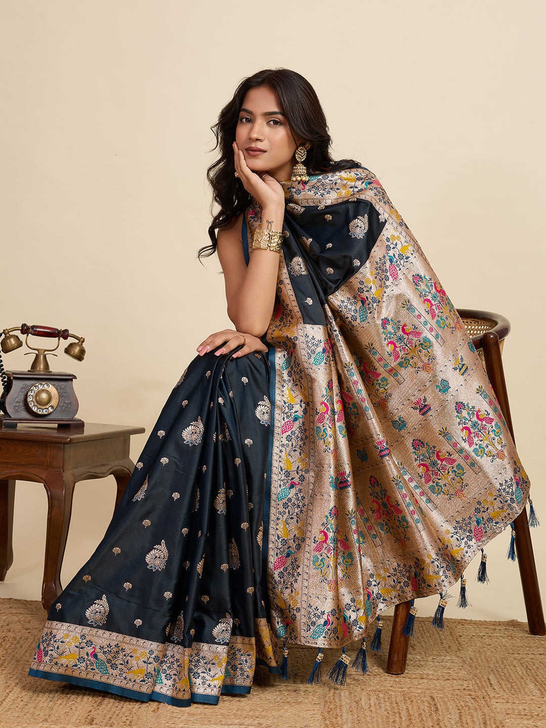 Vedant Vastram Soft Litchi Silk Paithani Jacquard Saree - Navy Blue