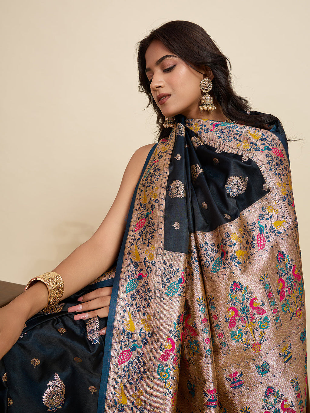 Vedant Vastram Soft Litchi Silk Paithani Jacquard Saree - Navy Blue
