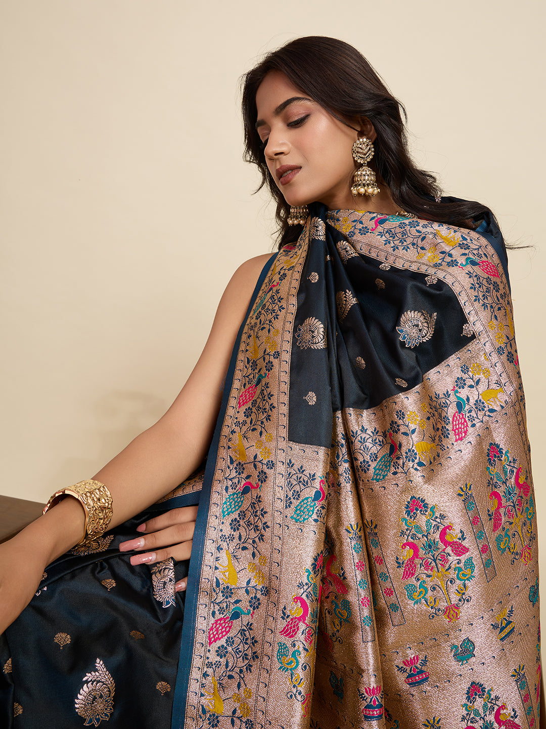 Vedant Vastram Soft Litchi Silk Paithani Jacquard Saree - Navy Blue