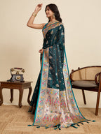 Vedant Vastram Soft Litchi Silk Paithani Jacquard Saree - Rama