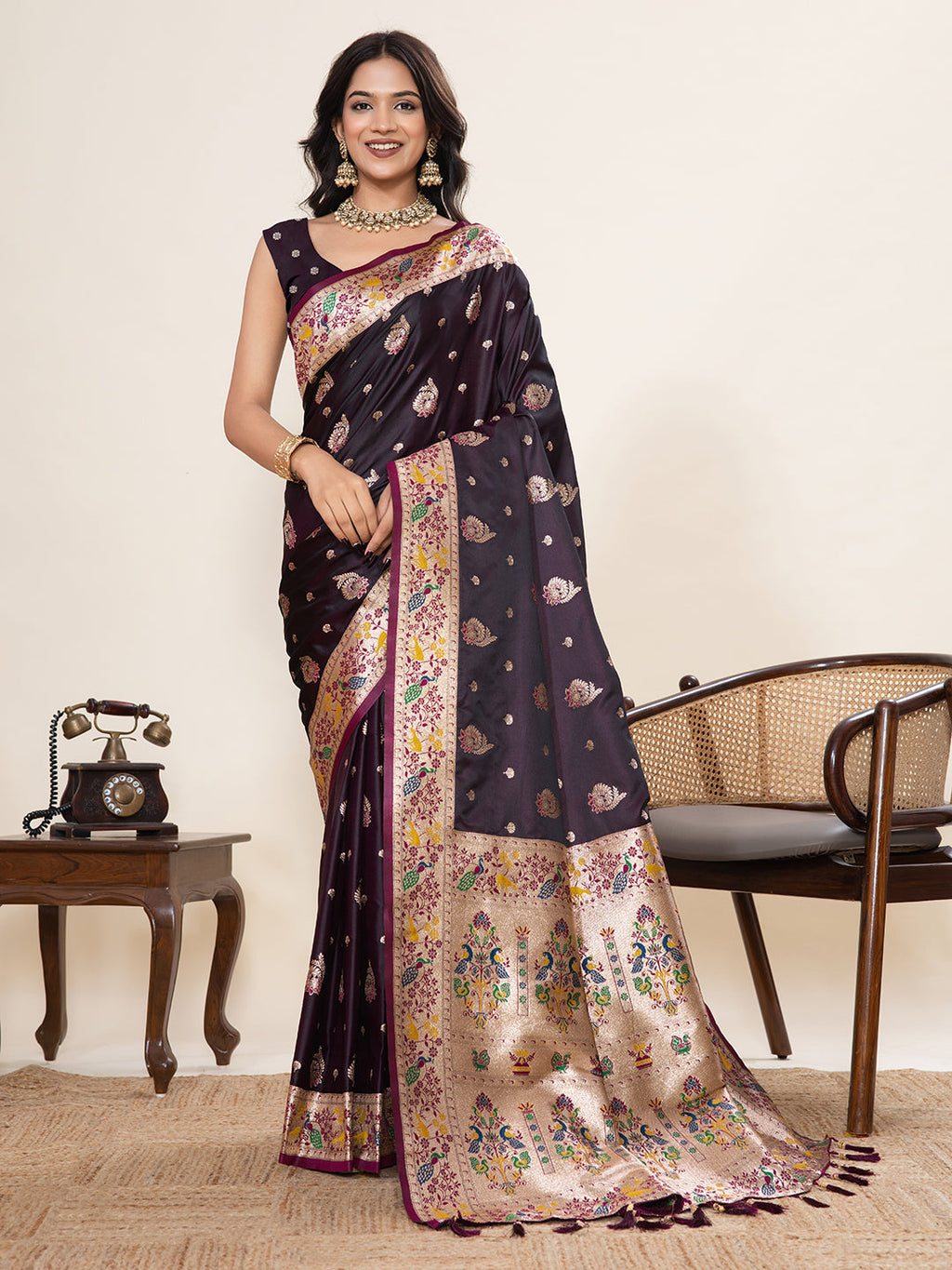 Vedant Vastram Soft Litchi Silk Paithani Jacquard Saree - Wine