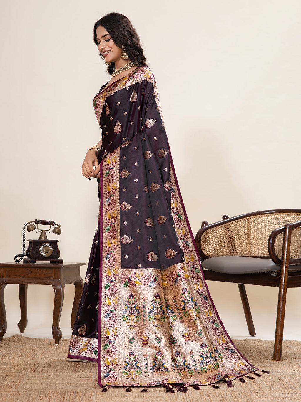 Vedant Vastram Soft Litchi Silk Paithani Jacquard Saree - Wine