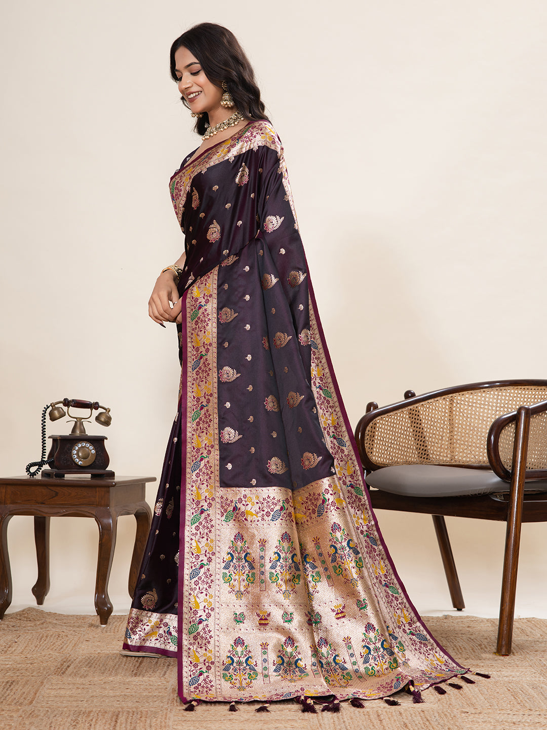 Vedant Vastram Soft Litchi Silk Paithani Jacquard Saree - Wine
