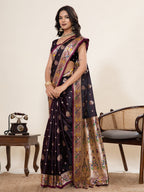 Vedant Vastram Soft Litchi Silk Paithani Jacquard Saree - Wine