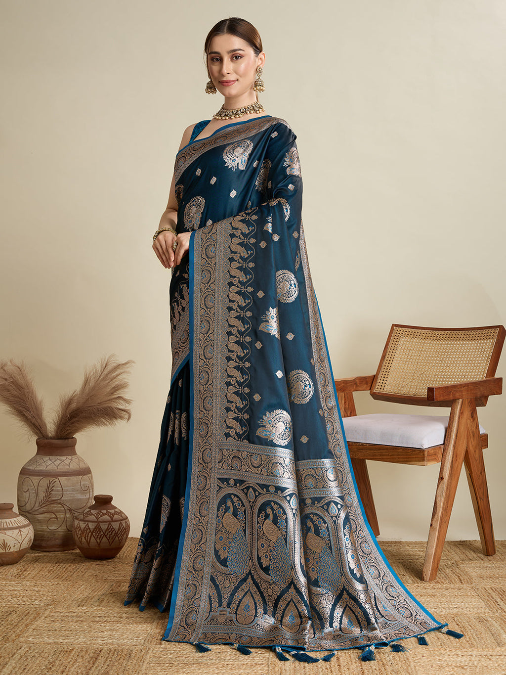 Vedant Vastram Soft Litchi SIlk Banarasi Silk Jacquard Saree - Firozi