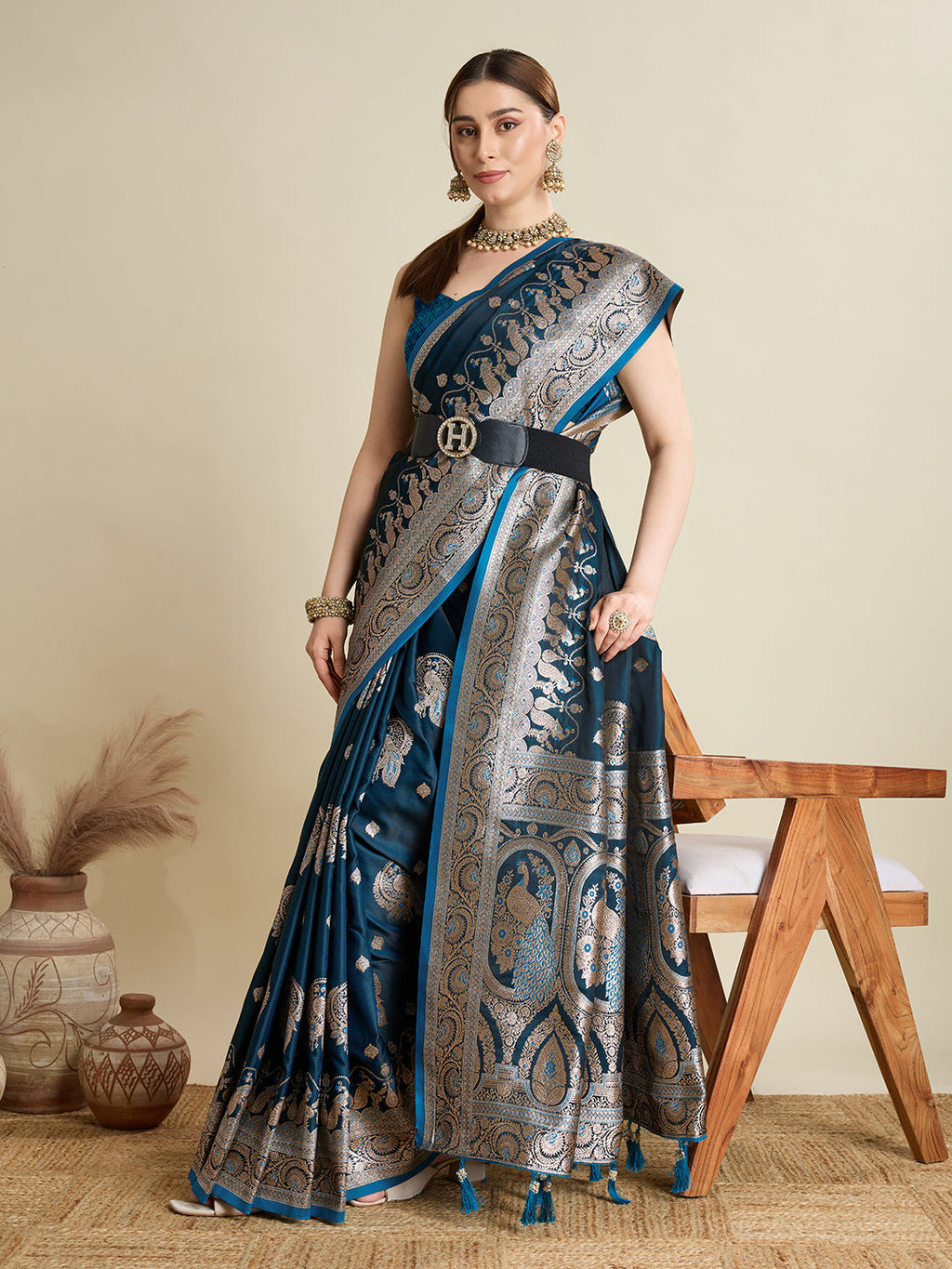 Vedant Vastram Soft Litchi SIlk Banarasi Silk Jacquard Saree - Firozi