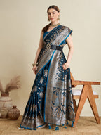 Vedant Vastram Soft Litchi SIlk Banarasi Silk Jacquard Saree - Firozi