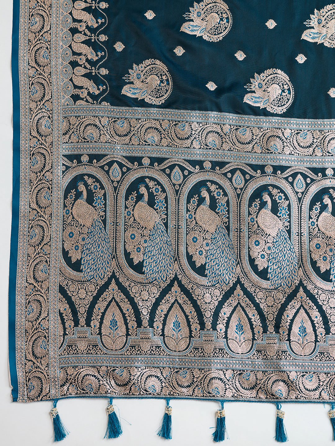 Vedant Vastram Soft Litchi SIlk Banarasi Silk Jacquard Saree - Firozi