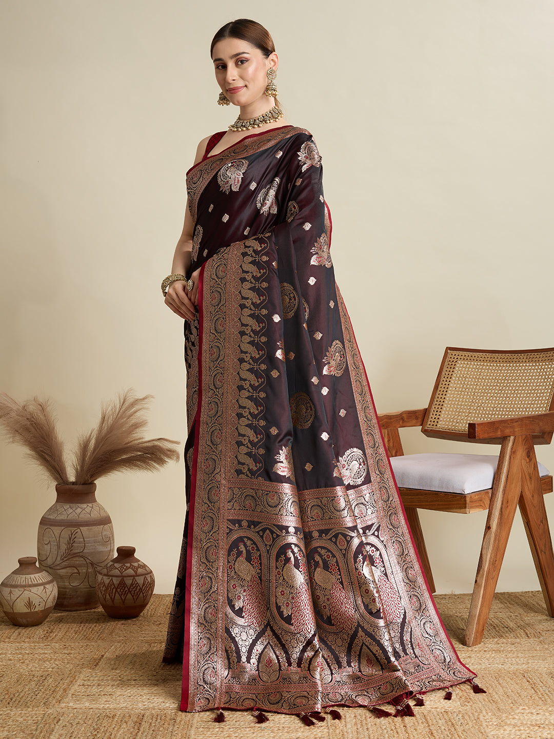 Vedant Vastram Soft Litchi SIlk Banarasi Silk Jacquard Saree - Maroon