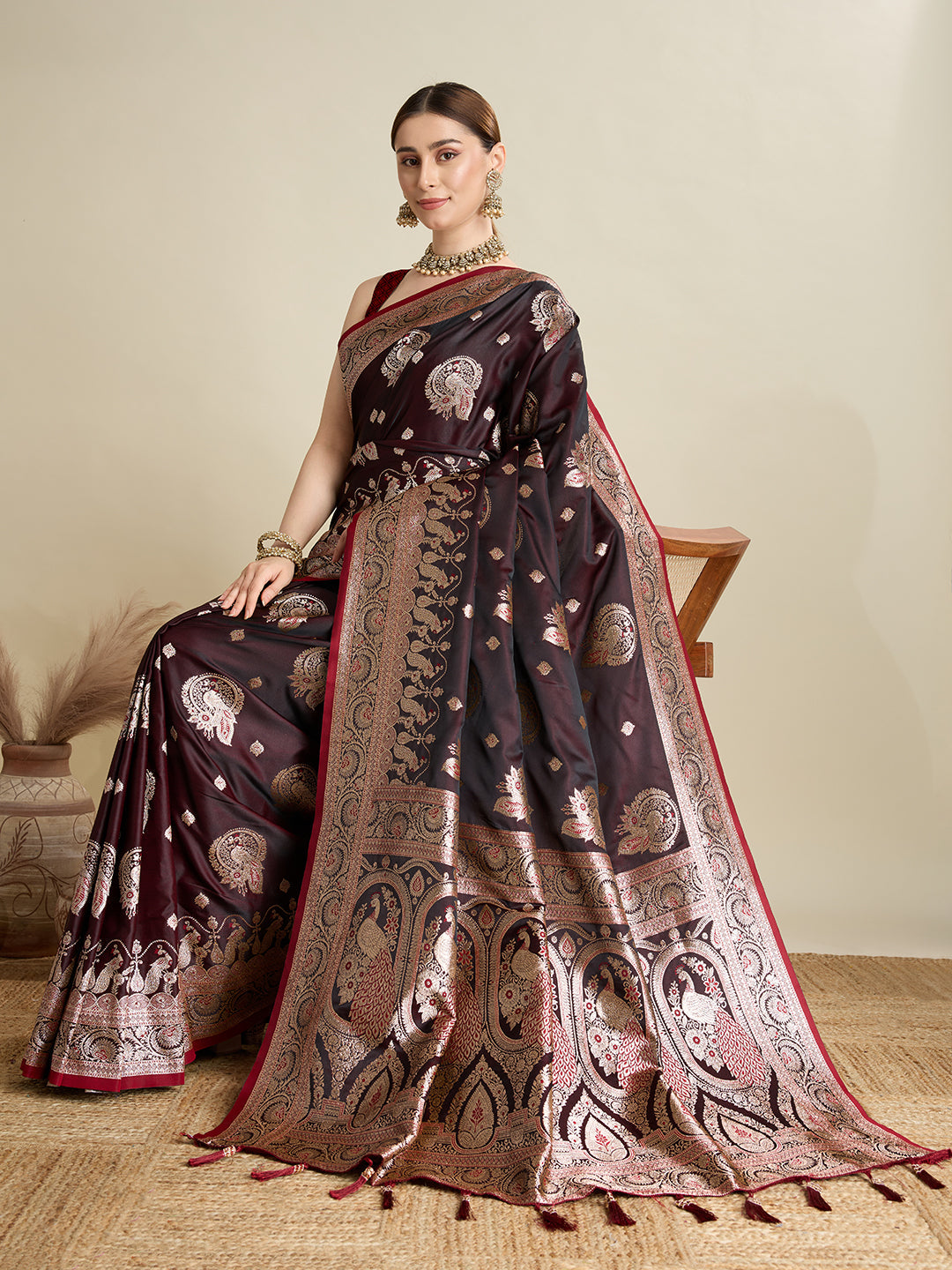 Vedant Vastram Soft Litchi SIlk Banarasi Silk Jacquard Saree - Maroon