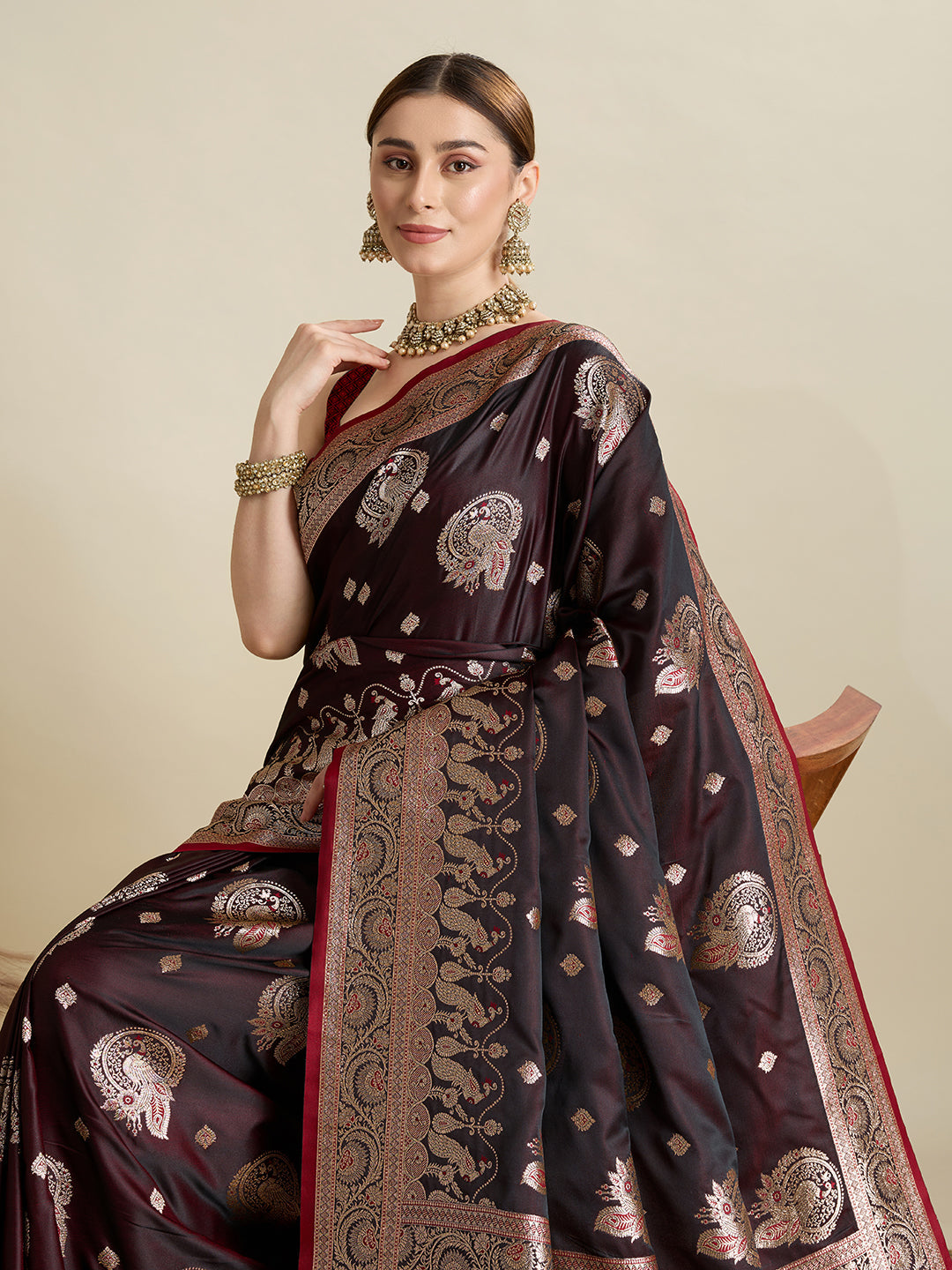 Vedant Vastram Soft Litchi SIlk Banarasi Silk Jacquard Saree - Maroon