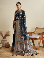 Vedant Vastram Soft Litchi SIlk Banarasi Silk Jacquard Saree - Navy Blue