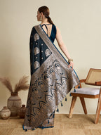 Vedant Vastram Soft Litchi SIlk Banarasi Silk Jacquard Saree - Navy Blue