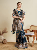 Vedant Vastram Soft Litchi SIlk Banarasi Silk Jacquard Saree - Navy Blue
