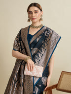 Vedant Vastram Soft Litchi SIlk Banarasi Silk Jacquard Saree - Navy Blue