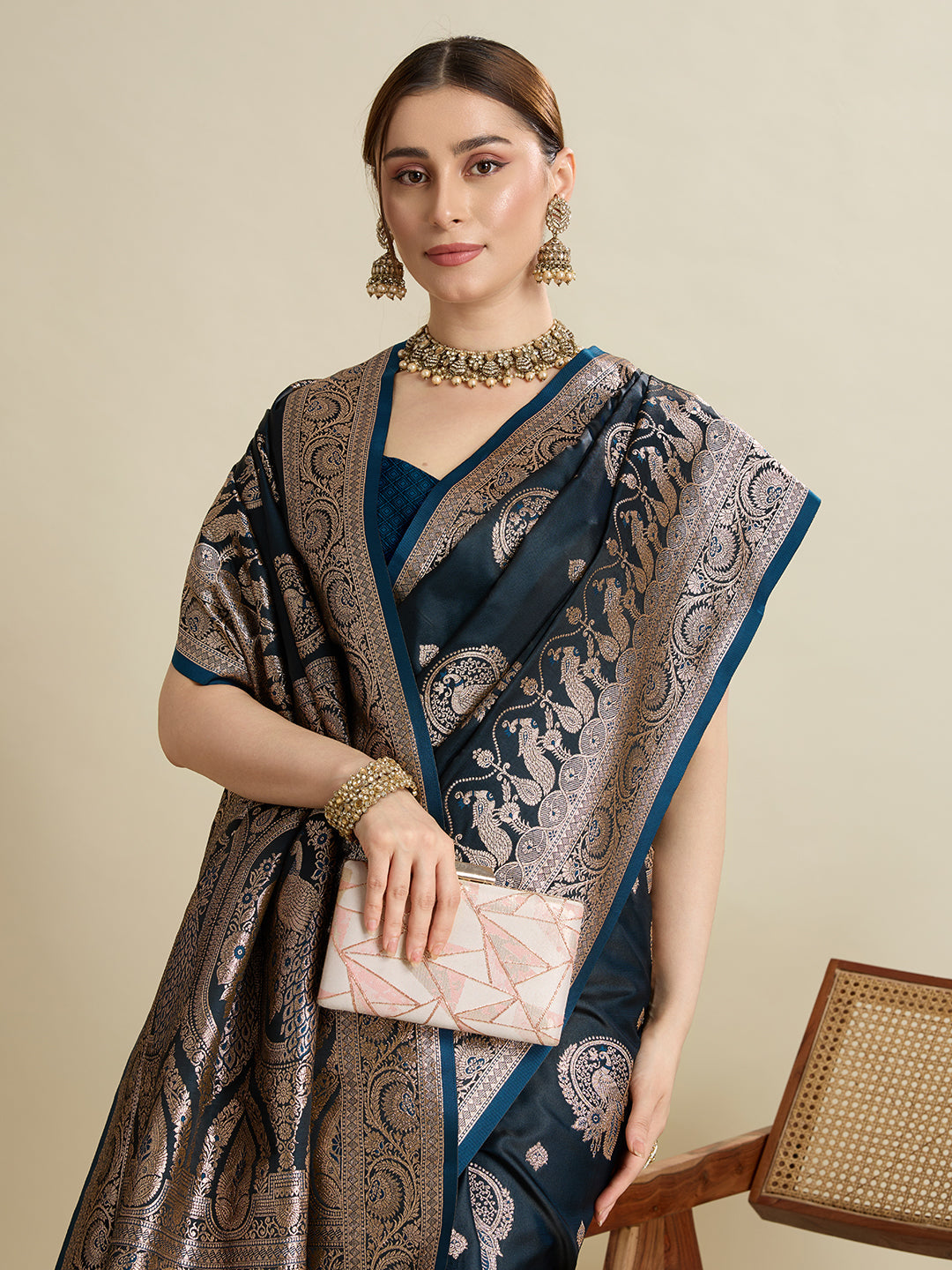 Vedant Vastram Soft Litchi SIlk Banarasi Silk Jacquard Saree - Navy Blue