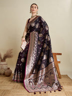 Vedant Vastram Soft Litchi SIlk Banarasi Silk Jacquard Saree - Wine