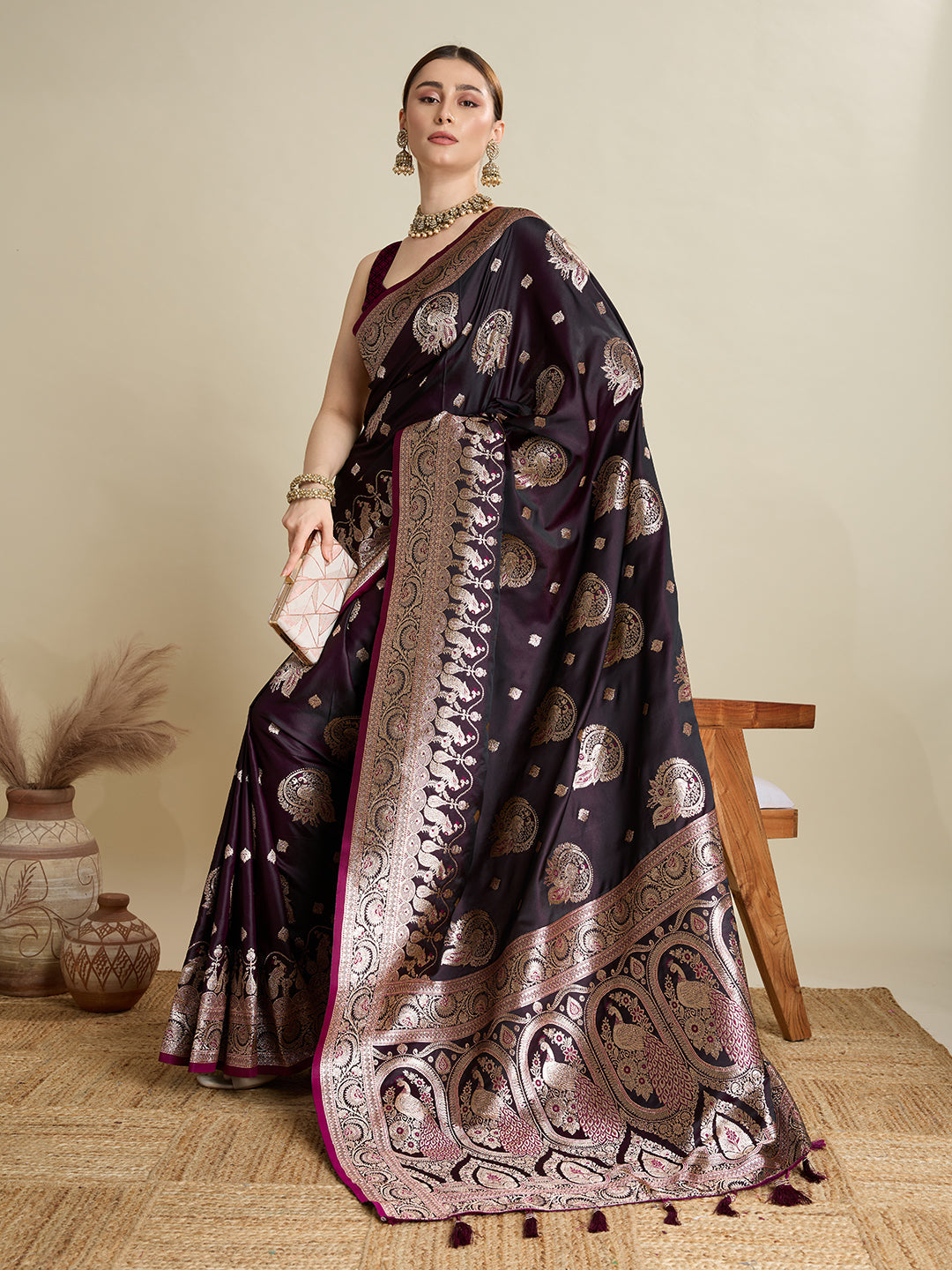 Vedant Vastram Soft Litchi SIlk Banarasi Silk Jacquard Saree - Wine