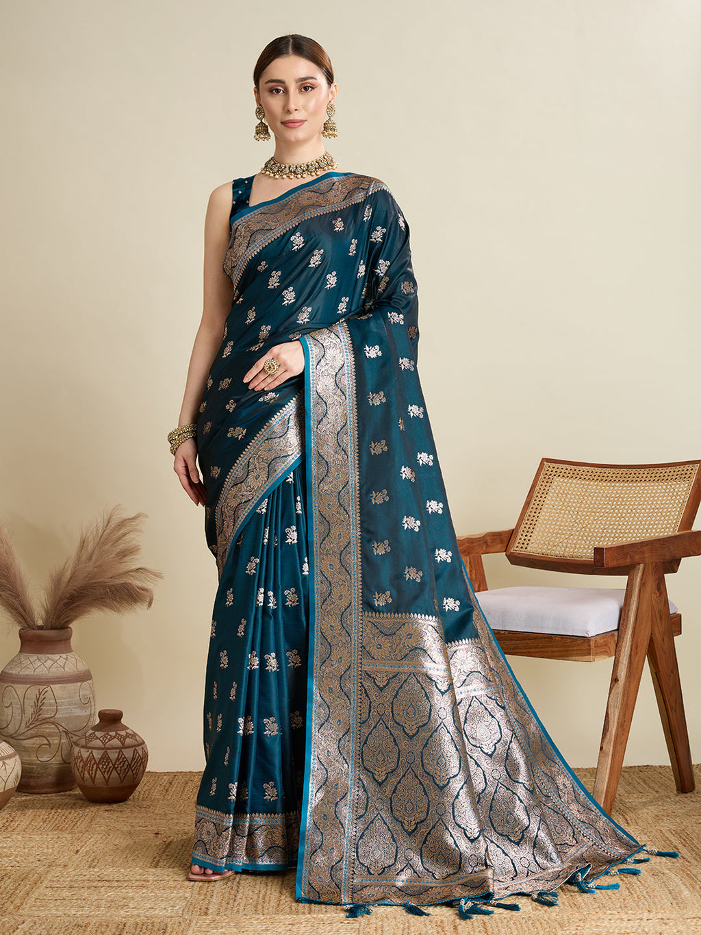 Vedant Vastram Soft Litchi SIlk Banarasi Silk Jacquard Saree - Firozi
