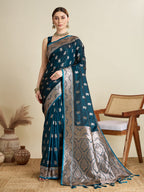 Vedant Vastram Soft Litchi SIlk Banarasi Silk Jacquard Saree - Firozi