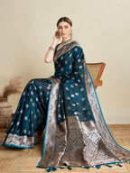 Vedant Vastram Soft Litchi SIlk Banarasi Silk Jacquard Saree - Firozi
