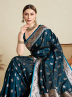 Vedant Vastram Soft Litchi SIlk Banarasi Silk Jacquard Saree - Firozi